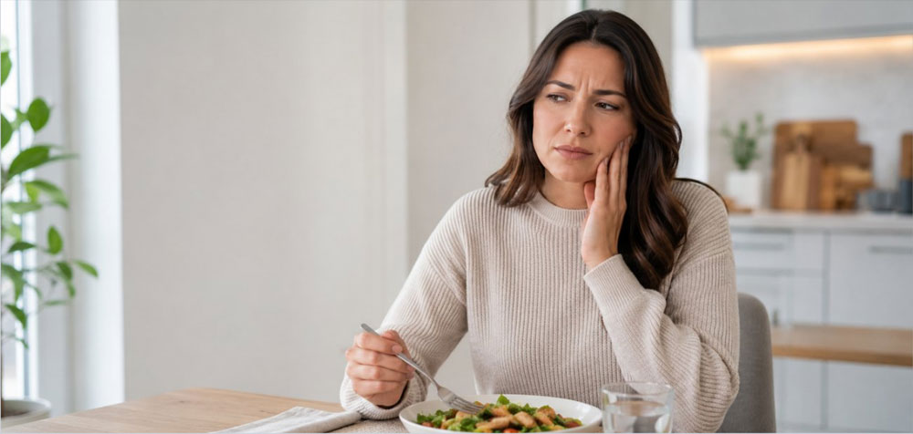 Woman holding her jaw in discomfort while eating, when jaw clicking is often noticed.