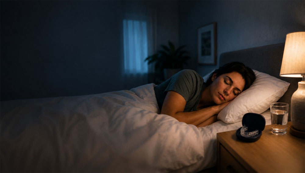 Woman sleeping at night with a nightguard case resting on the bedside table.