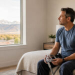 Man sitting on the edge of his bed holding a CPAP mask, with a Utah mountain view.