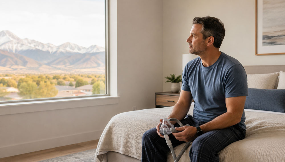 Man sitting on the edge of his bed holding a CPAP mask, with a Utah mountain view.