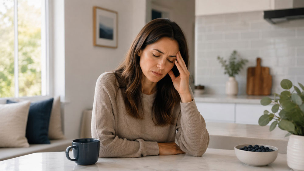 A person pressing a hand to the temple in pain, illustrating how a TMJ disorder can cause headaches