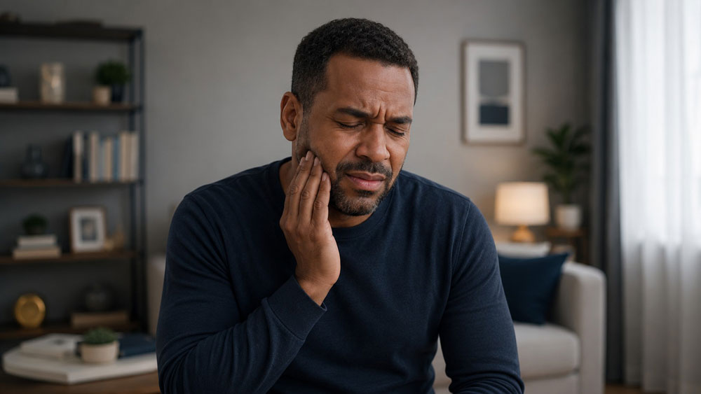 A person cradling the side of the jaw in discomfort, illustrating fast relief methods for jaw pain