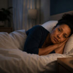 A person lying awake and tired at night, illustrating that you can have sleep apnea without snoring.