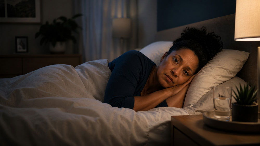 A person lying awake and tired at night, illustrating that you can have sleep apnea without snoring.