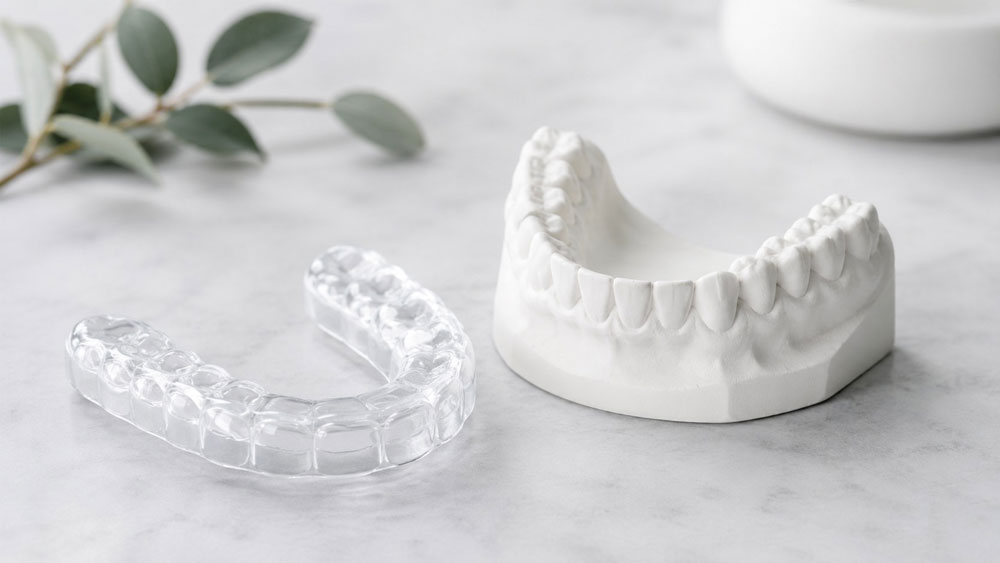 A custom dental nightguard beside a lower tooth model, illustrating how mouthguards help with TMJ