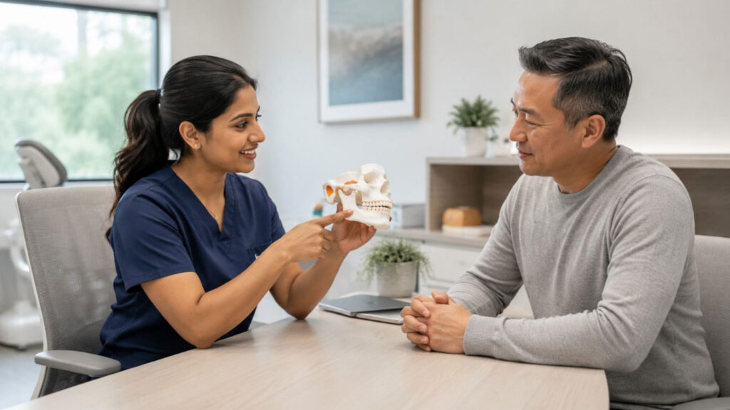 A dentist reviewing a jaw joint model with a patient, illustrating how to treat and cure TMJ permanently.