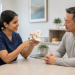 A dentist reviewing a jaw joint model with a patient, illustrating how to treat and cure TMJ permanently.