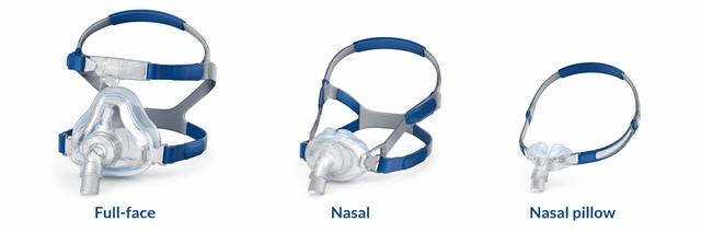 Three CPAP mask types shown side by side: full-face, nasal and nasal pillow