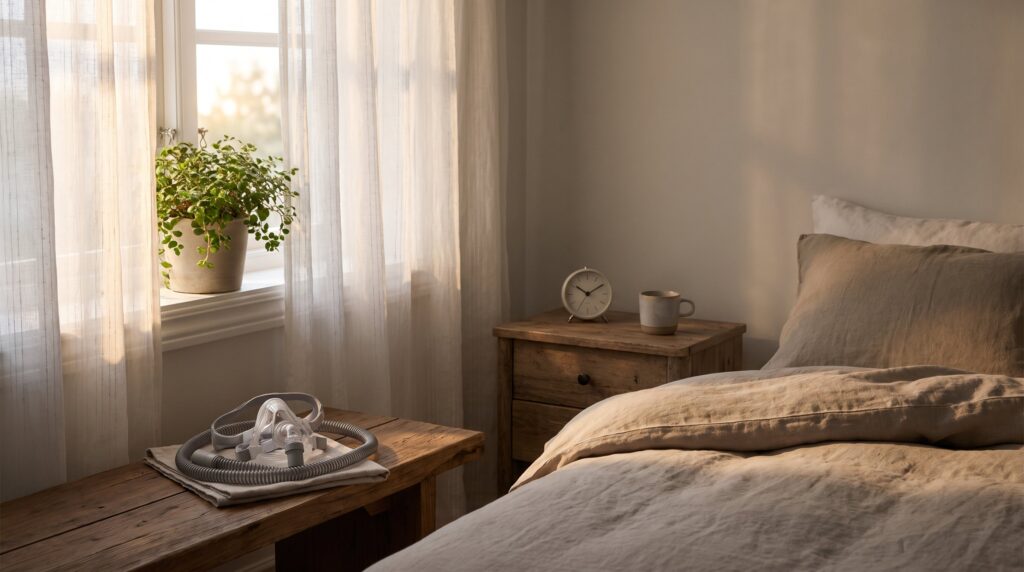 A calm, neatly made bedroom at dawn with a CPAP mask resting on the nightstand