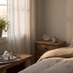 A calm, neatly made bedroom at dawn with a CPAP mask resting on the nightstand