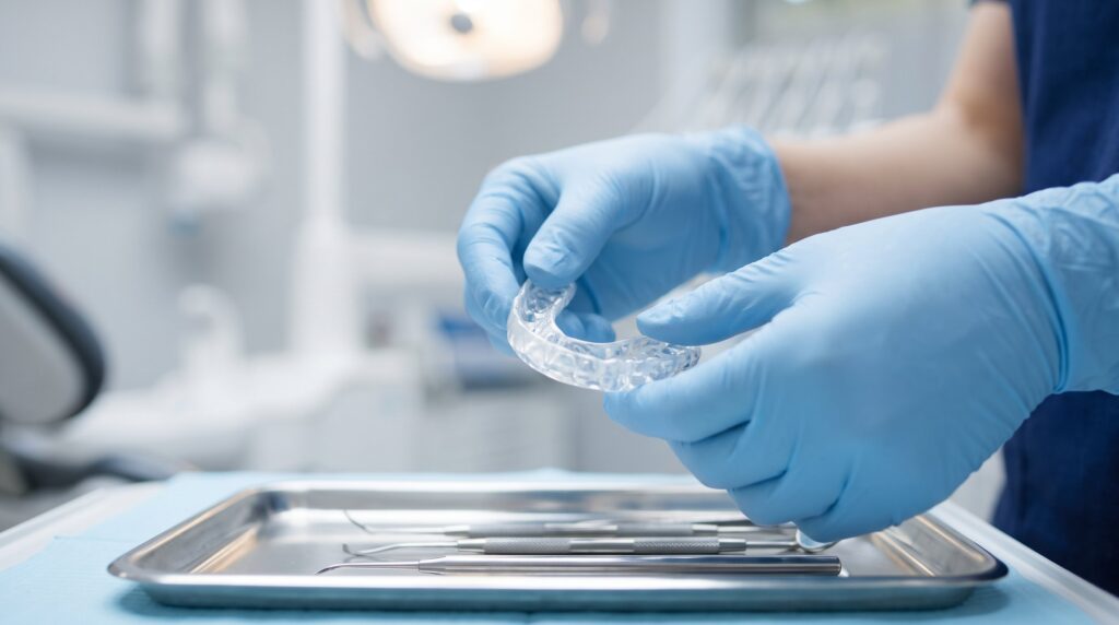 A clinician's gloved hands adjusting a clear custom nightguard in a dental clinic.