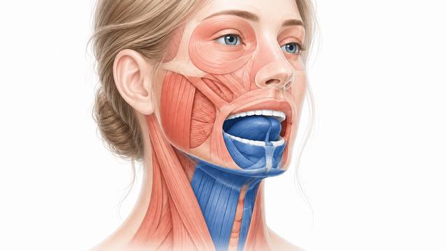 Anatomical illustration of the facial, jaw, tongue and throat muscles targeted by myofunctional therapy, with the tongue and under-chin muscles highlighted