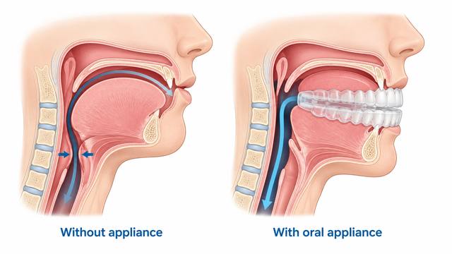 Side-by-side cross-section showing a narrowed airway without treatment and an open airway with a clear oral appliance holding the lower jaw forward