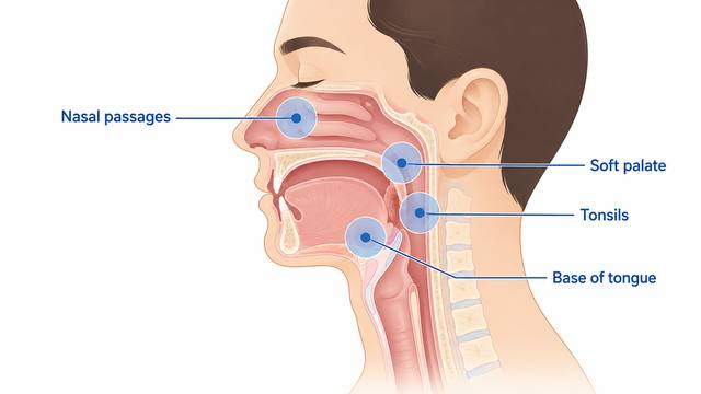 Labeled diagram of the four common sites of airway obstruction in sleep apnea: nasal passages, soft palate, tonsils and base of tongue