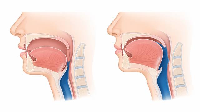 Diagram comparing low, backward tongue posture that crowds the airway with correct tongue posture against the palate
