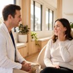 A dentist consulting with a patient about jaw pain in a bright dental office.