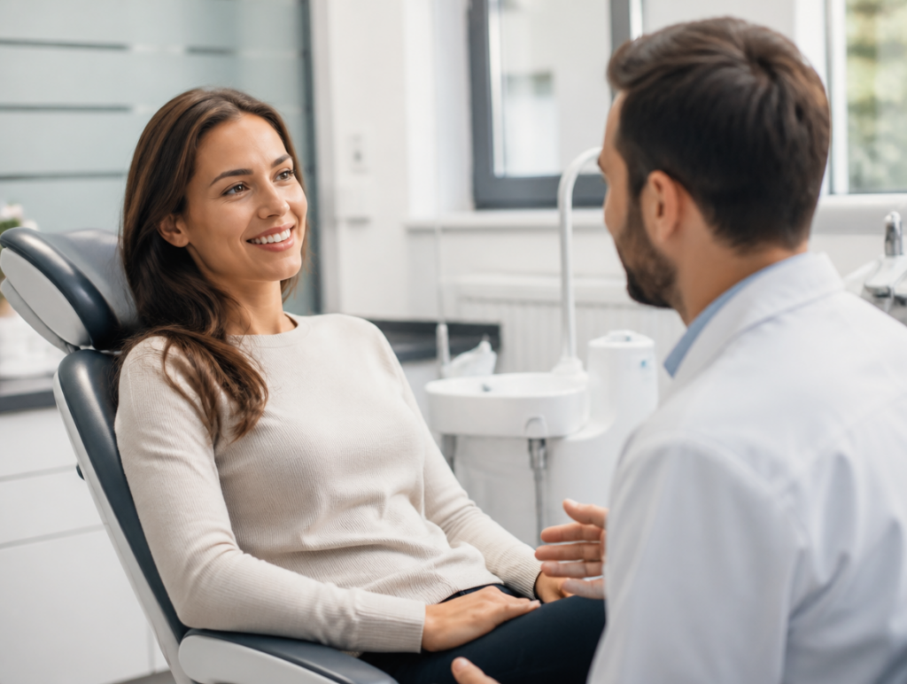 Patient consulting with a dentist about Botox injections for TMJ disorder muscle tension