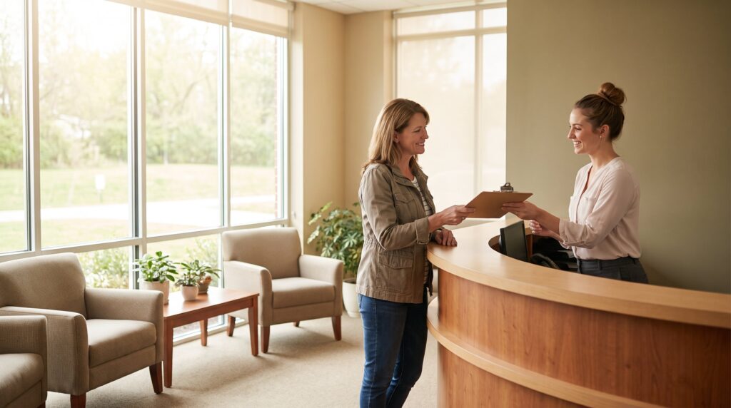 A welcoming reception area of a dental and sleep clinic with a receptionist greeting a patient