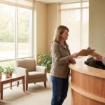 A welcoming reception area of a dental and sleep clinic with a receptionist greeting a patient