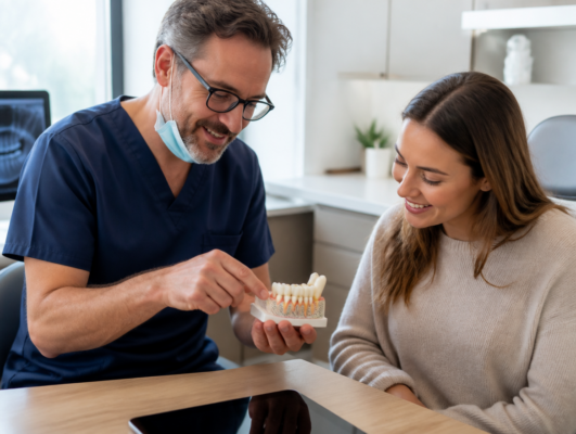 Dentist reviewing a jaw joint model with a patient before a TMJ disorder joint injection