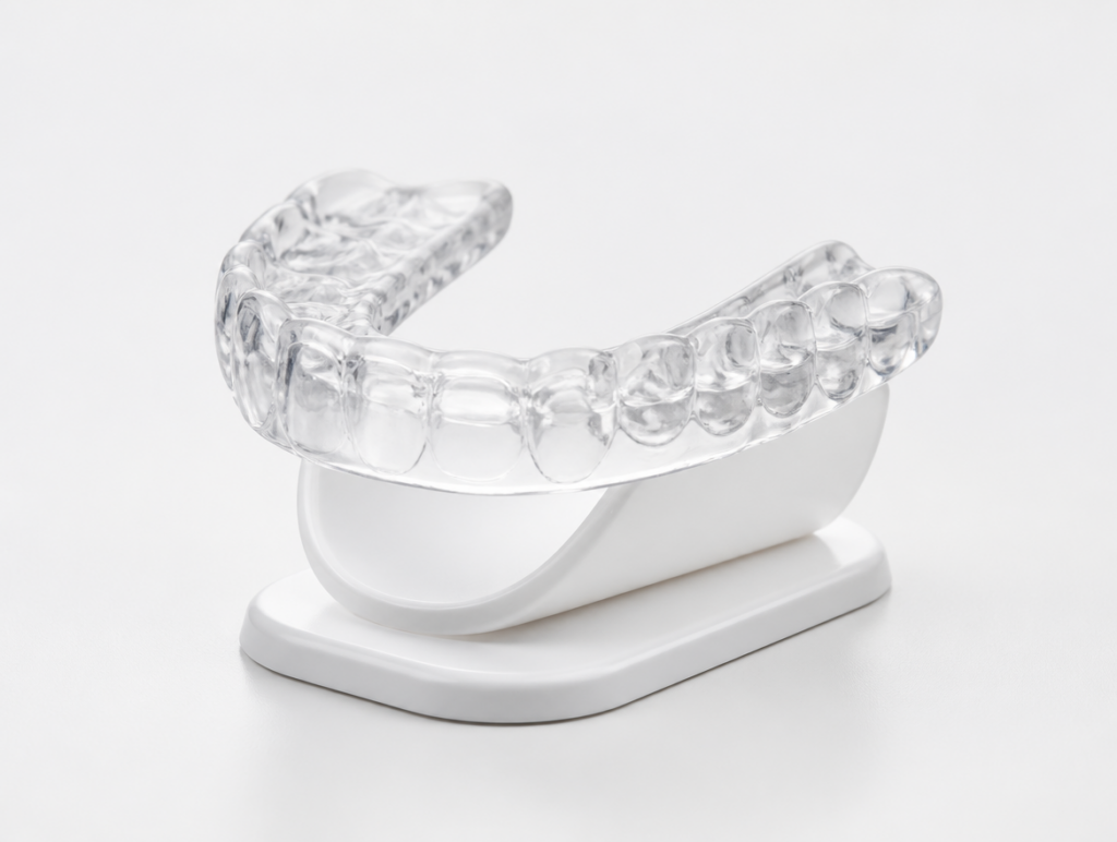 Custom oral orthotic used to treat TMJ disorders by reducing strain on the jaw joint