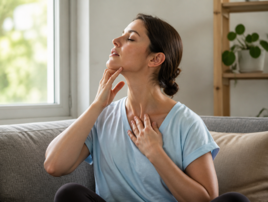 Patient performing a jaw stretch as part of a home exercise program for TMJ disorders