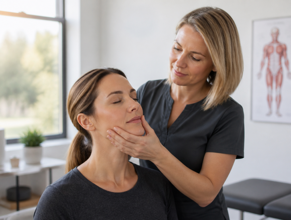 Physical therapist guiding a patient through a jaw stretch for TMJ disorders