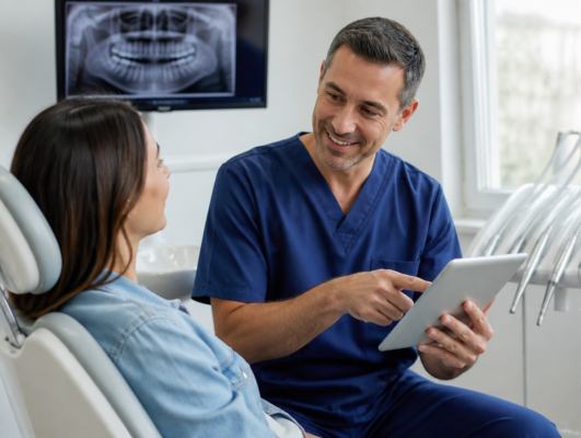 Dentist discussing PRF treatment options with a patient for TMJ disorders