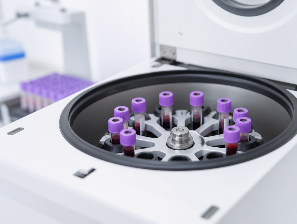 Blood sample being processed into platelet-rich fibrin (PRF) for TMJ disorder treatment