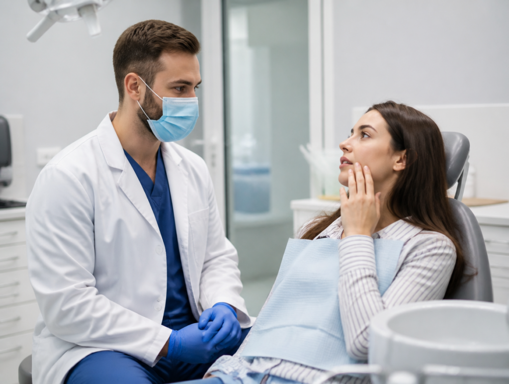 Dentist preparing to administer a trigger point injection for TMJ disorder muscle pain