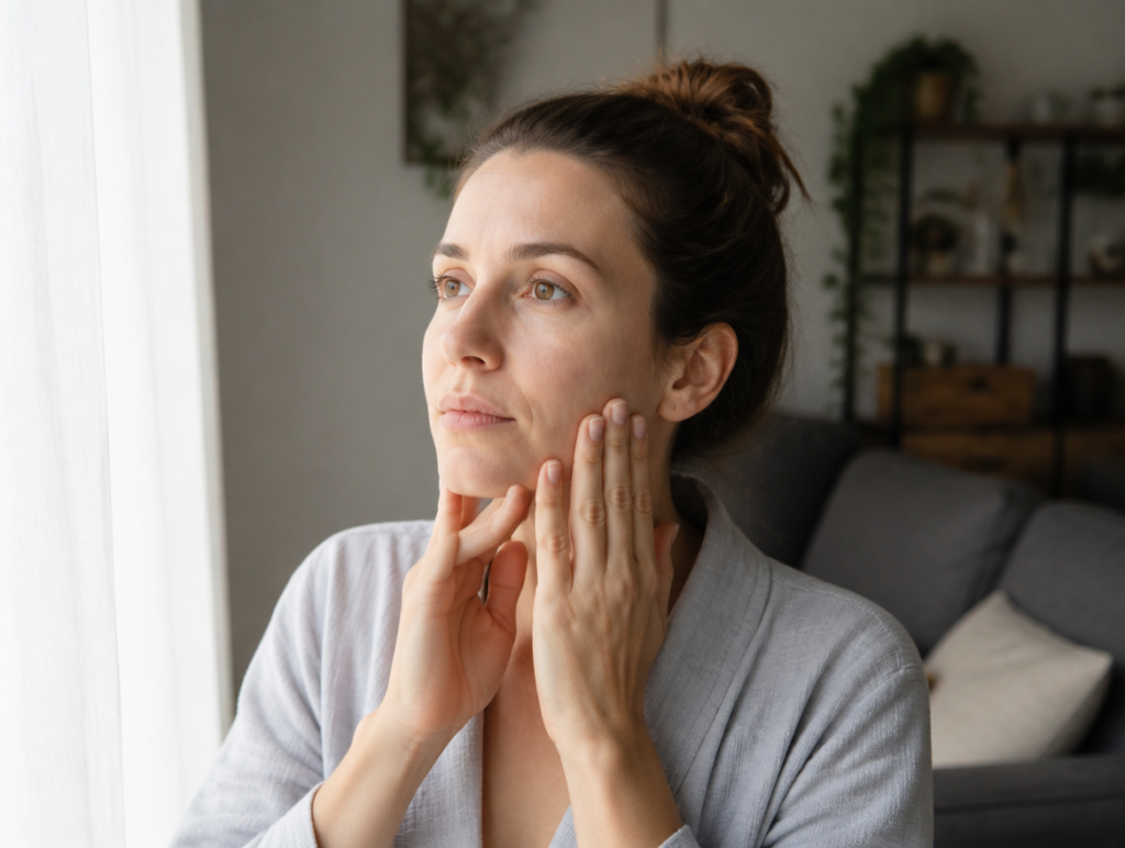 Person gently holding their jaw at home while monitoring mild TMJ disorder symptoms